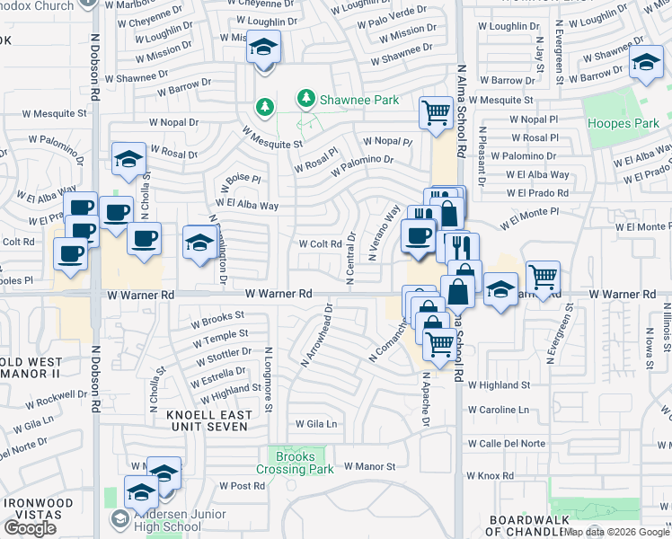 map of restaurants, bars, coffee shops, grocery stores, and more near 2000 North Los Arboles Court in Chandler