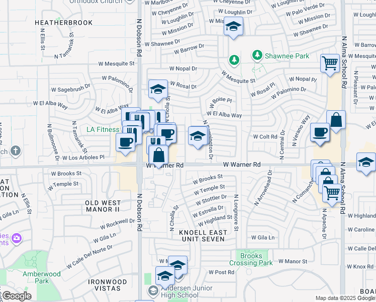 map of restaurants, bars, coffee shops, grocery stores, and more near 1756 West Los Arboles Court in Chandler