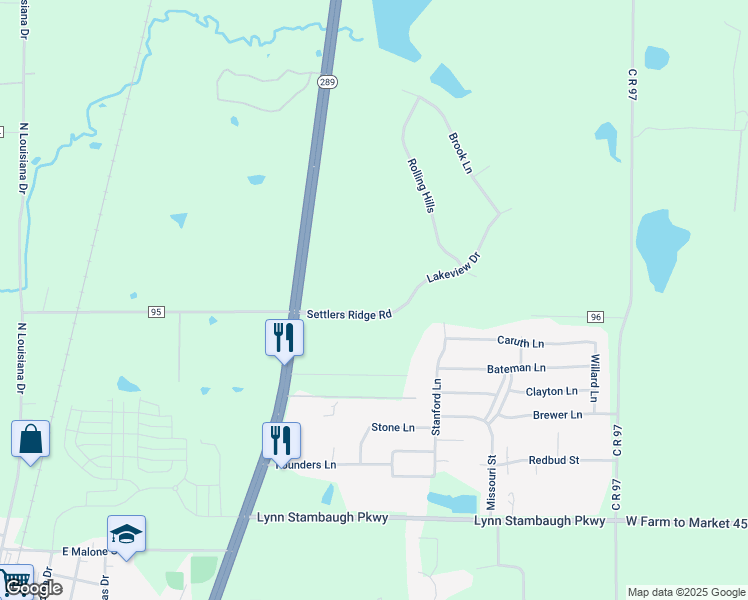 map of restaurants, bars, coffee shops, grocery stores, and more near 1280 Settlers Ridge Road in Celina