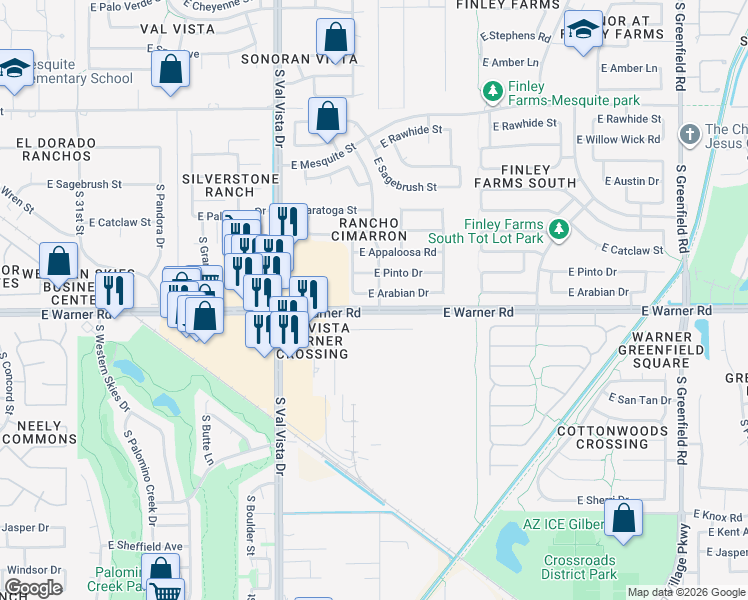 map of restaurants, bars, coffee shops, grocery stores, and more near 1793 East Arabian Drive in Gilbert