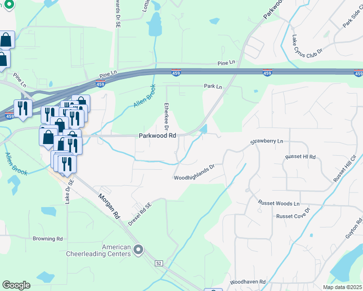 map of restaurants, bars, coffee shops, grocery stores, and more near 2447 Southwood Trce in Birmingham