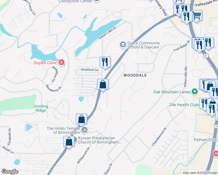 map of restaurants, bars, coffee shops, grocery stores, and more near 189 Hayesbury Court in Pelham