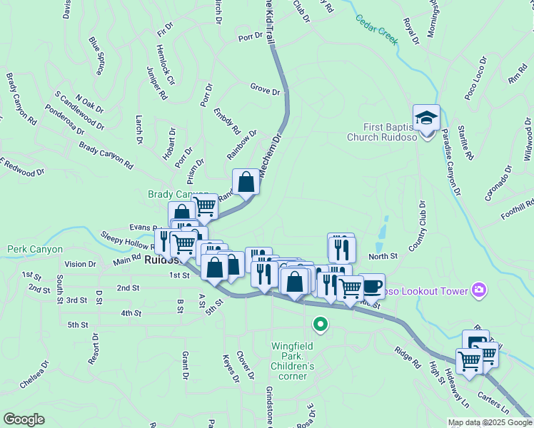 map of restaurants, bars, coffee shops, grocery stores, and more near 121 Lower Terrace Drive in Ruidoso