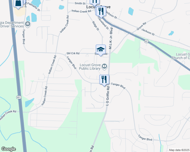 map of restaurants, bars, coffee shops, grocery stores, and more near 1705 Queen Victoria Court in Locust Grove