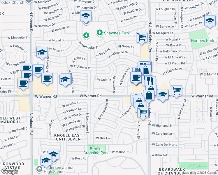 map of restaurants, bars, coffee shops, grocery stores, and more near 2000 North Los Arboles Court in Chandler