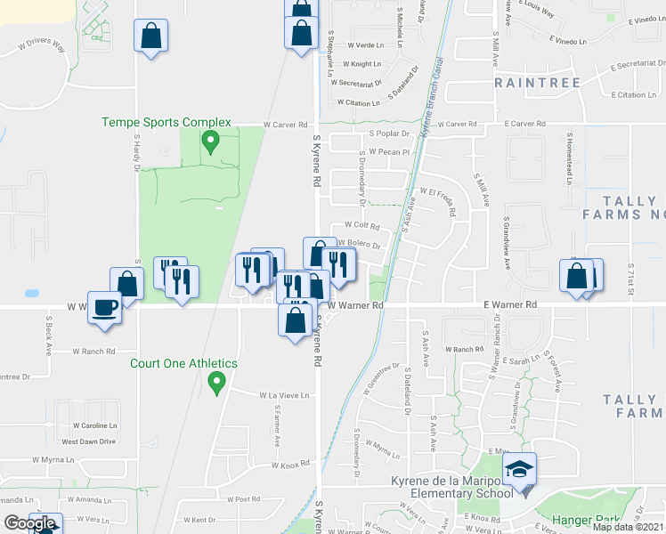 map of restaurants, bars, coffee shops, grocery stores, and more near 479 West Calle Monte Vista in Tempe