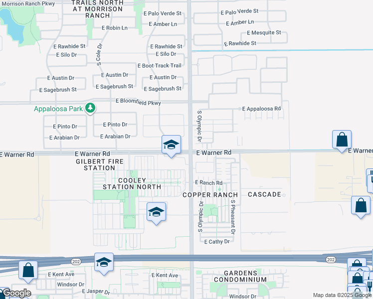 map of restaurants, bars, coffee shops, grocery stores, and more near 38 East Warner Road in Gilbert