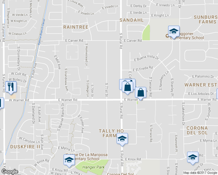 map of restaurants, bars, coffee shops, grocery stores, and more near 12209 South 71st Street in Tempe