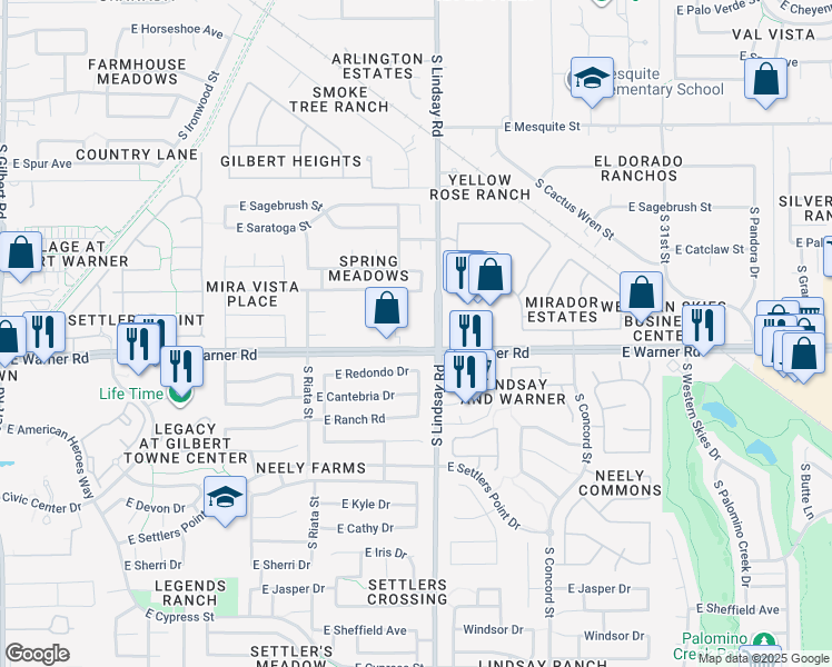 map of restaurants, bars, coffee shops, grocery stores, and more near 750 East Warner Road in Gilbert