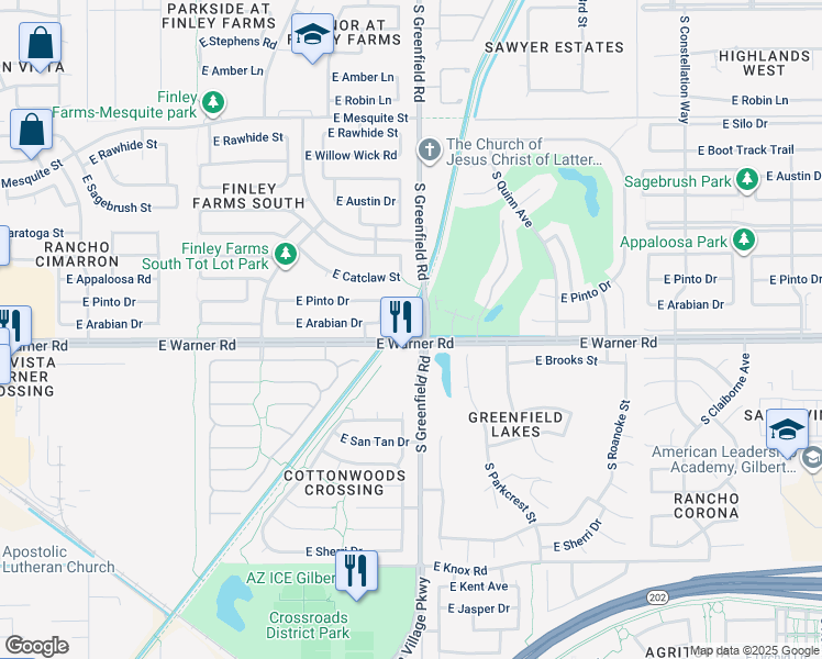 map of restaurants, bars, coffee shops, grocery stores, and more near 15946 East Warner Road in Gilbert