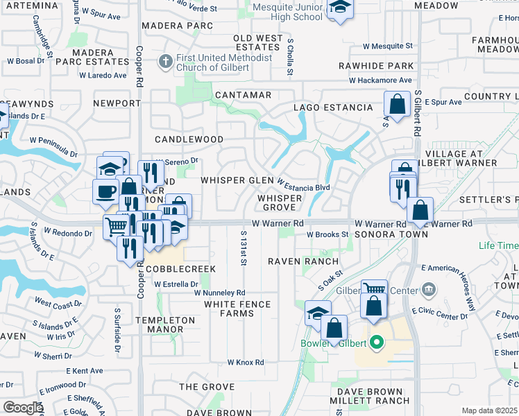map of restaurants, bars, coffee shops, grocery stores, and more near 739 S Cholla St in Gilbert