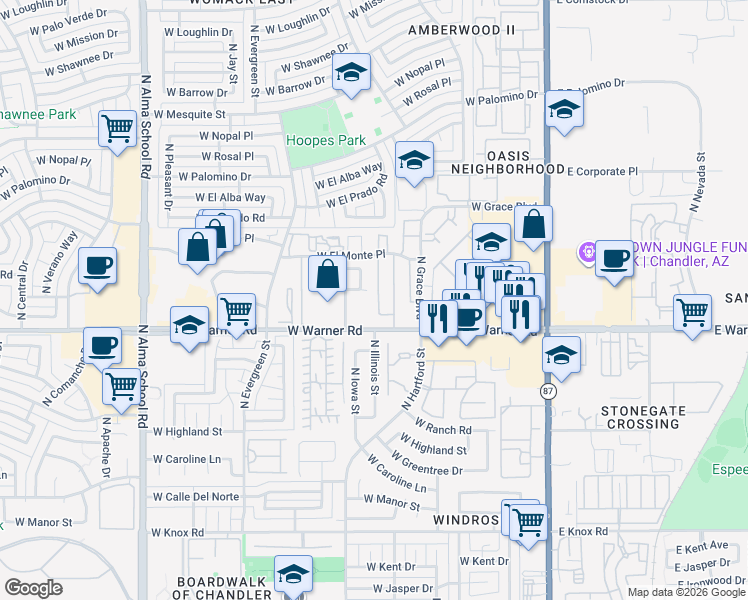 map of restaurants, bars, coffee shops, grocery stores, and more near 2044 West Los Arboles Place in Chandler