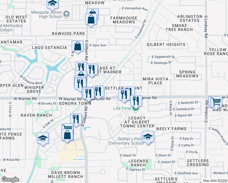 map of restaurants, bars, coffee shops, grocery stores, and more near 320 East Warner Road in Gilbert