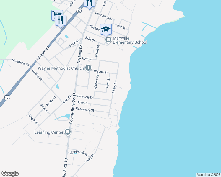 map of restaurants, bars, coffee shops, grocery stores, and more near 2424 South Bay Street in Georgetown