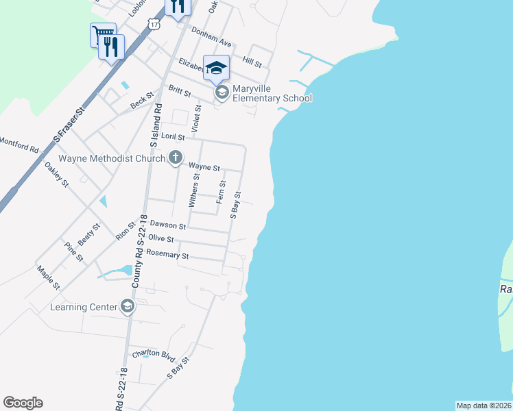 map of restaurants, bars, coffee shops, grocery stores, and more near 2425 South Bay Street in Georgetown