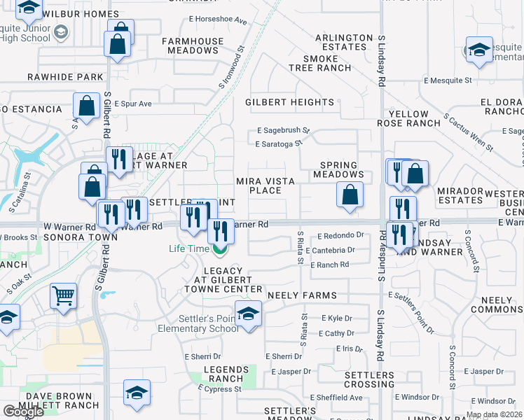 map of restaurants, bars, coffee shops, grocery stores, and more near 470 East Arabian Drive in Gilbert