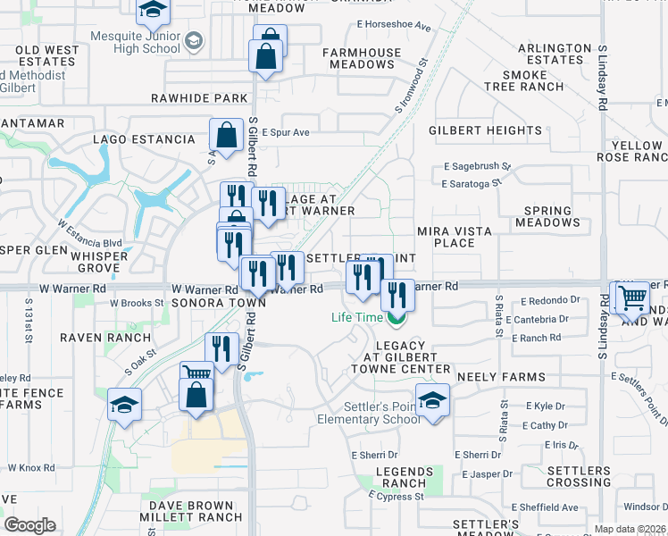 map of restaurants, bars, coffee shops, grocery stores, and more near 320 East Warner Road in Gilbert