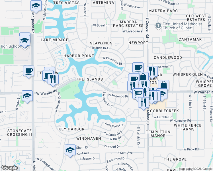 map of restaurants, bars, coffee shops, grocery stores, and more near 1061 West Sunward Drive in Gilbert