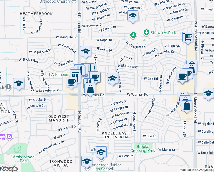 map of restaurants, bars, coffee shops, grocery stores, and more near 1756 West Los Arboles Court in Chandler
