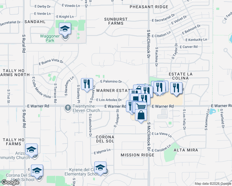 map of restaurants, bars, coffee shops, grocery stores, and more near 8565 South Juniper Street in Tempe