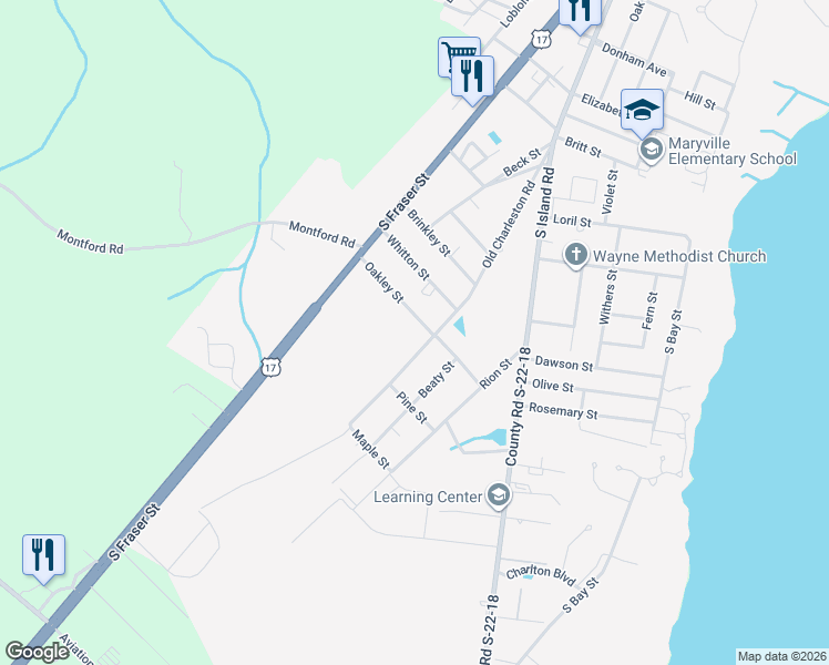 map of restaurants, bars, coffee shops, grocery stores, and more near 2604 Old Charleston Road in Georgetown
