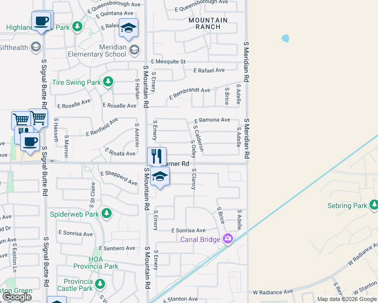 map of restaurants, bars, coffee shops, grocery stores, and more near 11354 East Rutledge Avenue in Mesa