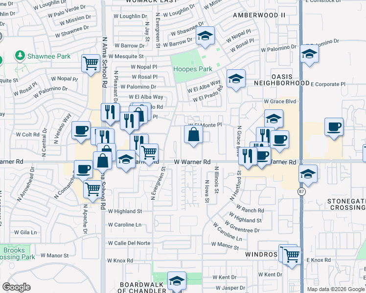 map of restaurants, bars, coffee shops, grocery stores, and more near 2037 North Sunset Drive in Chandler
