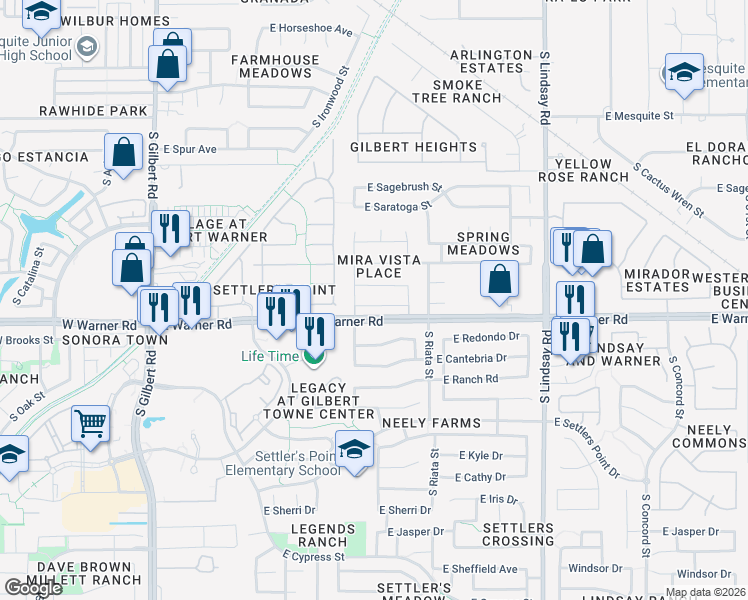 map of restaurants, bars, coffee shops, grocery stores, and more near 470 East Arabian Drive in Gilbert