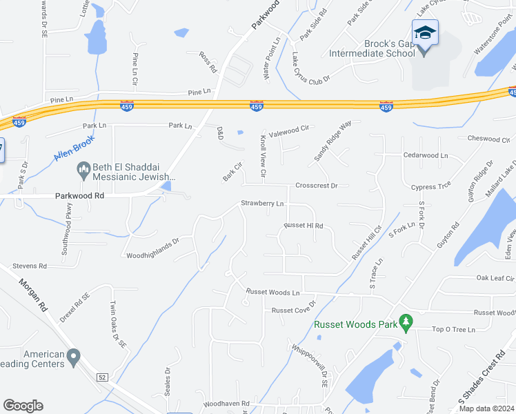 map of restaurants, bars, coffee shops, grocery stores, and more near 1920 Strawberry Lane in Hoover