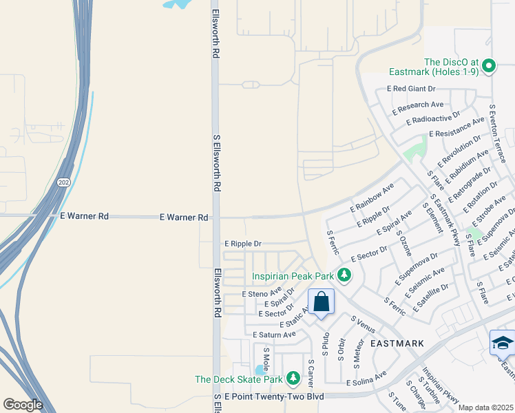 map of restaurants, bars, coffee shops, grocery stores, and more near 11709-12399 South Ellsworth Road in Mesa