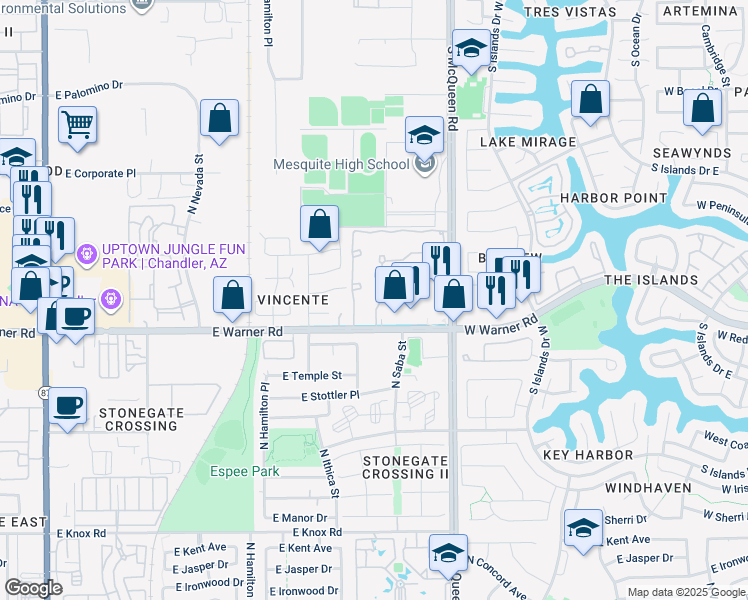 map of restaurants, bars, coffee shops, grocery stores, and more near 2222 North McQueen Road in Chandler