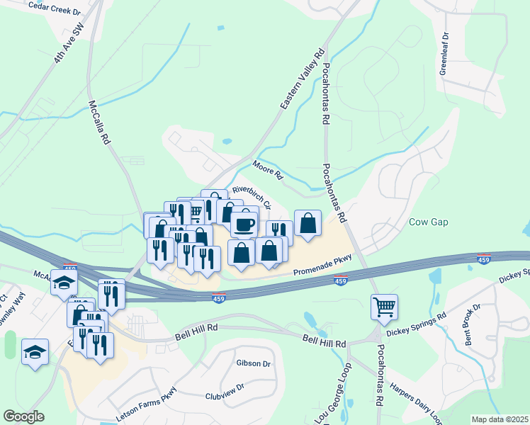 map of restaurants, bars, coffee shops, grocery stores, and more near 4569 Riverbirch Circle in Bessemer