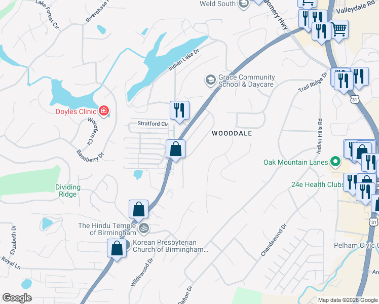 map of restaurants, bars, coffee shops, grocery stores, and more near 191 Hayesbury Court in Pelham
