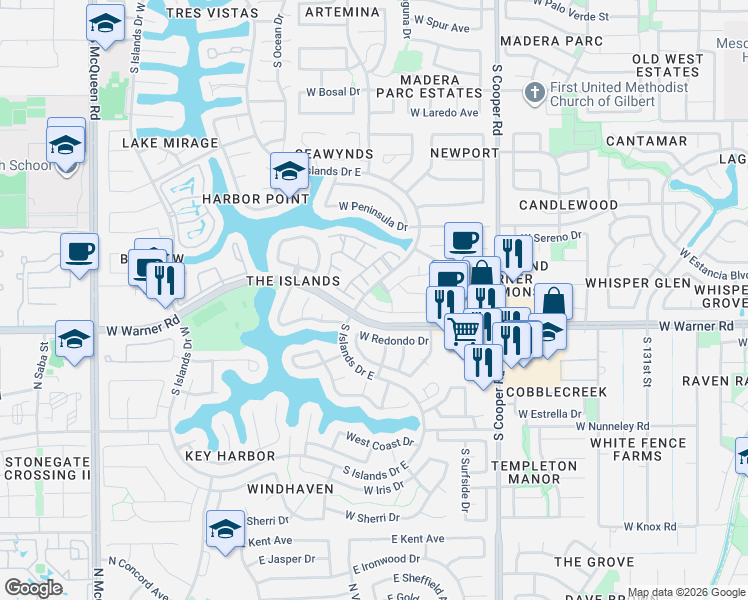 map of restaurants, bars, coffee shops, grocery stores, and more near 1061 West Sunward Drive in Gilbert