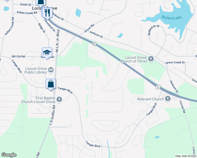 map of restaurants, bars, coffee shops, grocery stores, and more near 143 Massey Lane in Locust Grove
