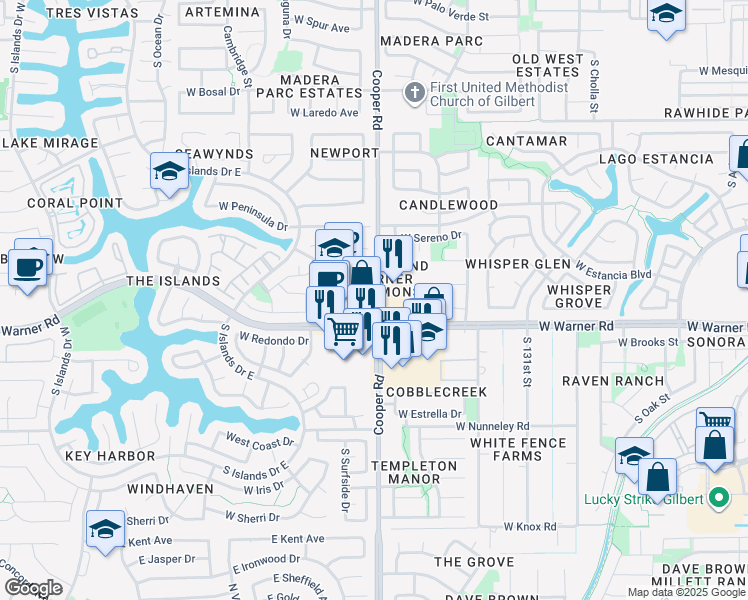 map of restaurants, bars, coffee shops, grocery stores, and more near 734 South Cooper Road in Gilbert