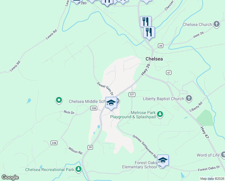 map of restaurants, bars, coffee shops, grocery stores, and more near 597 Highway 36 in Chelsea