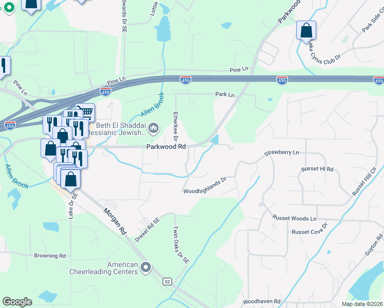 map of restaurants, bars, coffee shops, grocery stores, and more near 2447 Southwood Trce in Birmingham