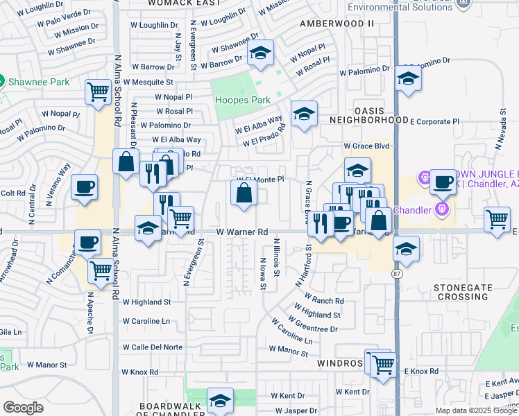 map of restaurants, bars, coffee shops, grocery stores, and more near 597 West Mariposa Street in Chandler