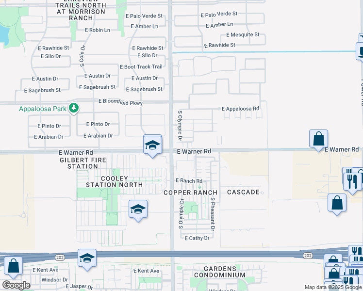 map of restaurants, bars, coffee shops, grocery stores, and more near 38 East Warner Road in Gilbert