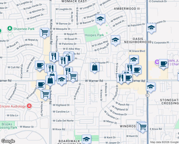 map of restaurants, bars, coffee shops, grocery stores, and more near 2037 North Sunset Drive in Chandler