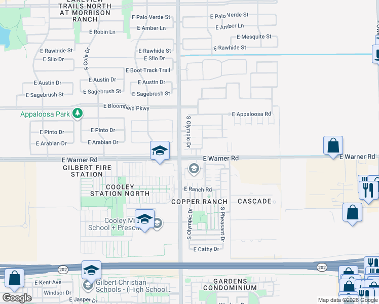 map of restaurants, bars, coffee shops, grocery stores, and more near 38 East Warner Road in Gilbert