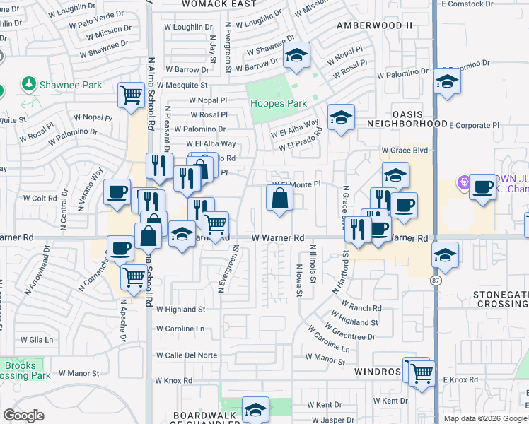 map of restaurants, bars, coffee shops, grocery stores, and more near 2037 North Sunset Drive in Chandler