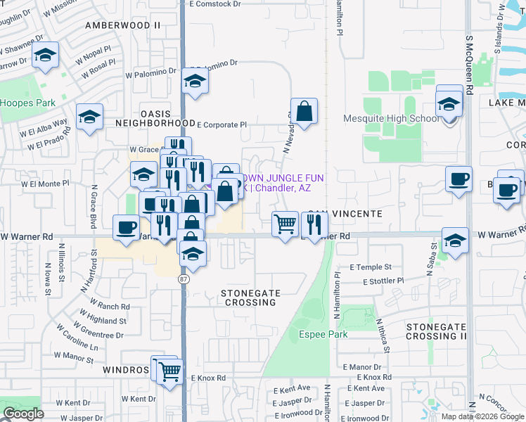 map of restaurants, bars, coffee shops, grocery stores, and more near 4 East Warner Road in Chandler