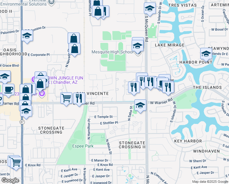 map of restaurants, bars, coffee shops, grocery stores, and more near 793 East Mariposa Place in Chandler