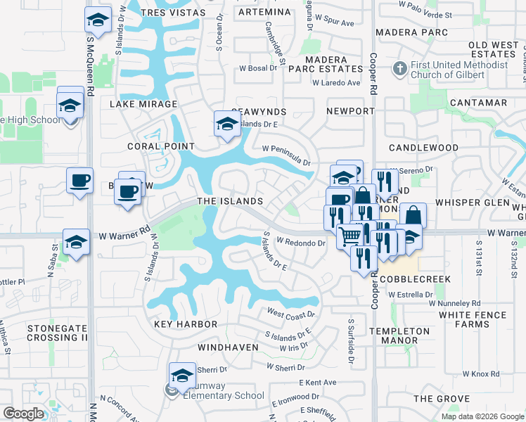 map of restaurants, bars, coffee shops, grocery stores, and more near 1061 West Sunward Drive in Gilbert