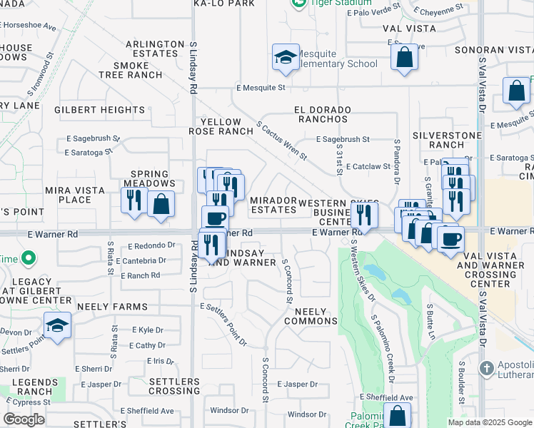 map of restaurants, bars, coffee shops, grocery stores, and more near 1027 East Arabian Drive in Gilbert