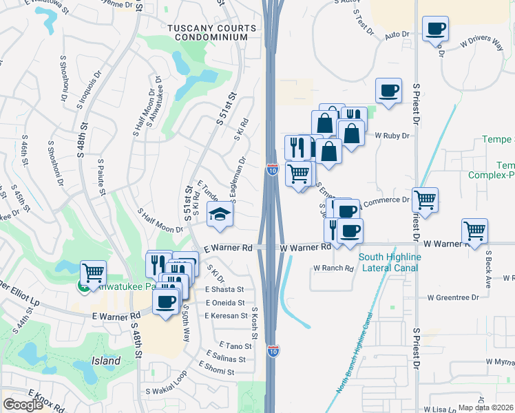 map of restaurants, bars, coffee shops, grocery stores, and more near 5214 East Tunder Circle in Phoenix