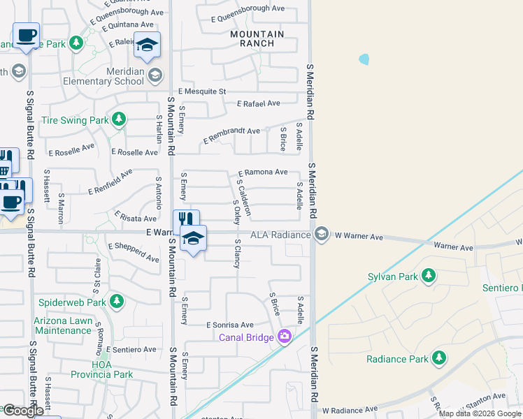 map of restaurants, bars, coffee shops, grocery stores, and more near 11446 East Rutledge Avenue in Mesa