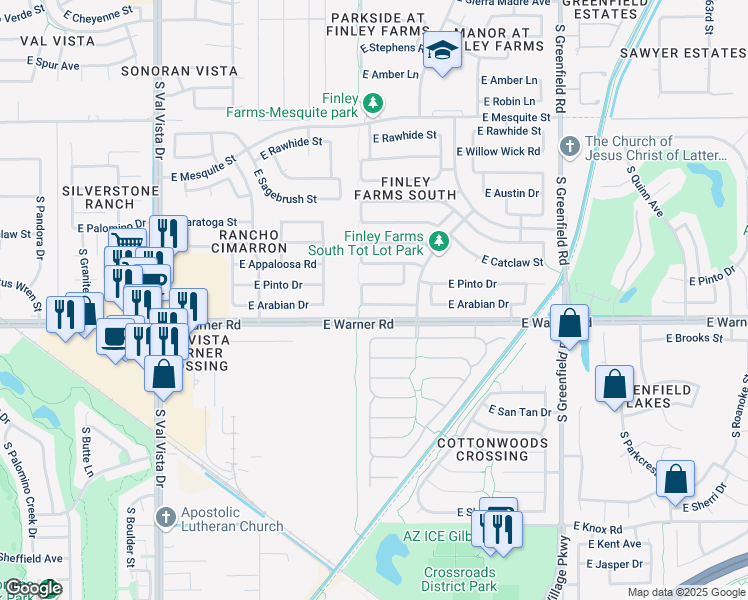 map of restaurants, bars, coffee shops, grocery stores, and more near 2001 East Arabian Drive in Gilbert
